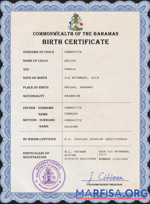 Printable Bahamas vital record birth certificate PSD template